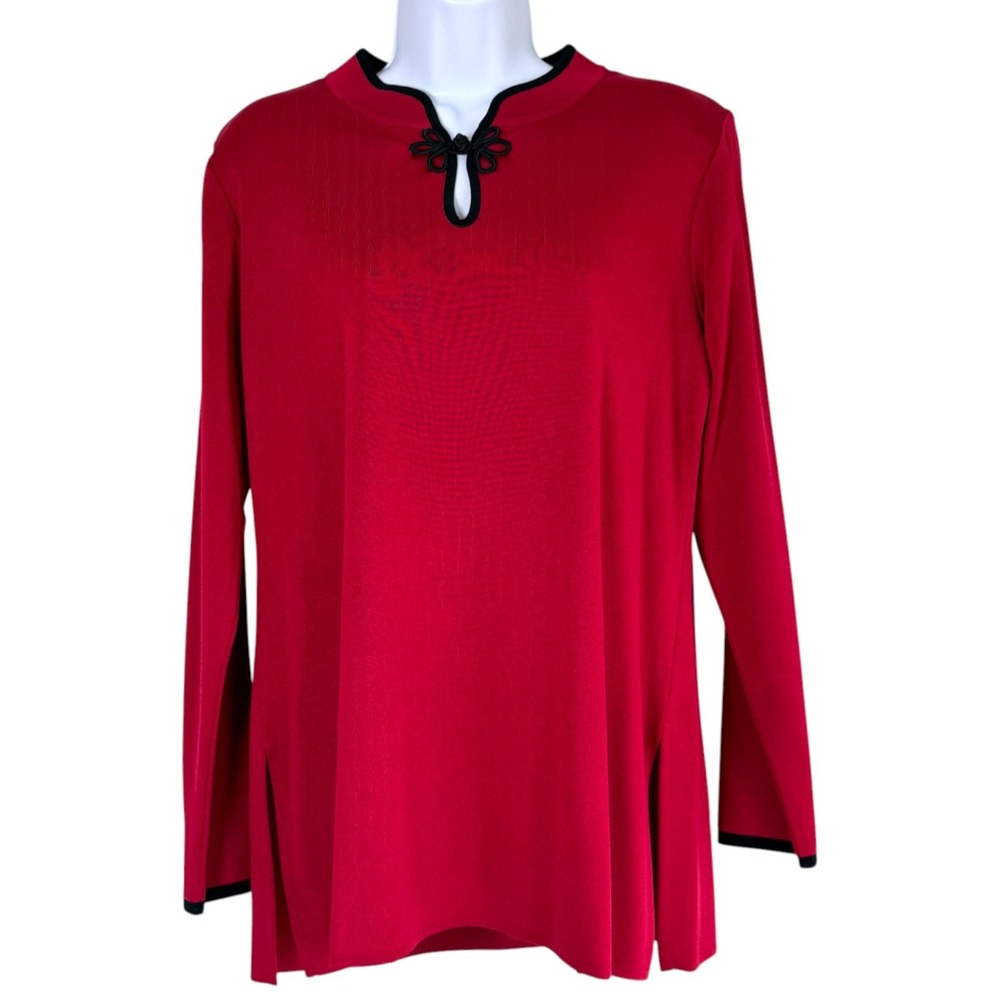 Exclusively Misook Mandarin Collar Frog Closure Tunic‎ Red Size S Quiet Luxury